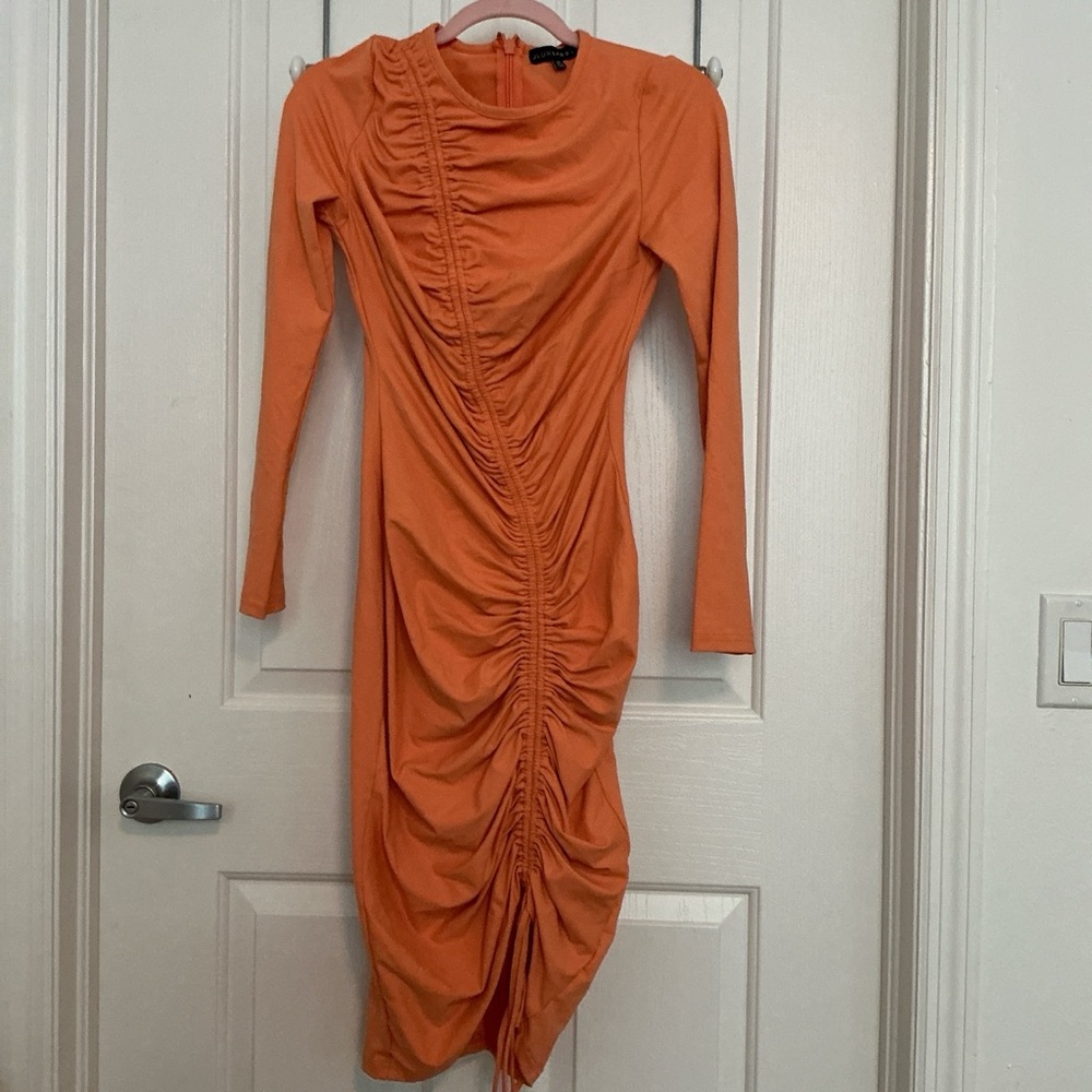 Orange Ruched Long Sleeve Dress